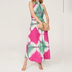 Busayo Women's Pink & Teal Sleeveless Tie Dye Halter Tie-Neck Midi Dress, Size 6